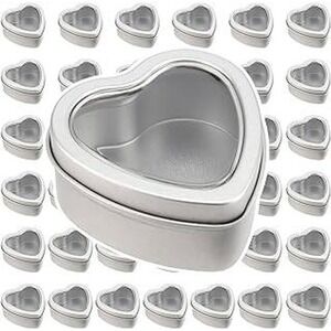 Suclain 24 Pcs 4 oz Heart Shaped Metal Tins Clear Window Lid Silver Storage Box